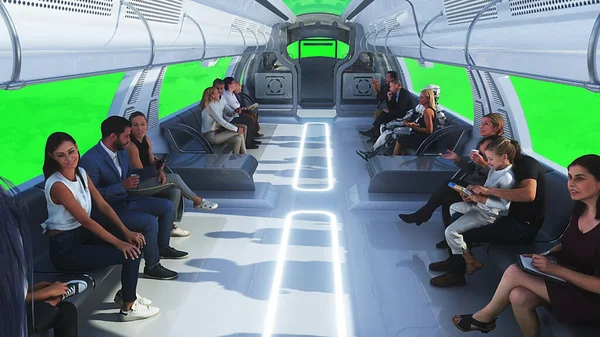 Pessoas Robôs Comboio Passageiros Voador Utopia Conceito Futuro Tela Verde — Fotografia de Stock
