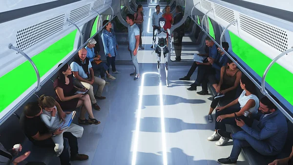 Persone Robot Treno Passeggeri Volante Utopia Concetto Del Futuro Schermo — Foto Stock