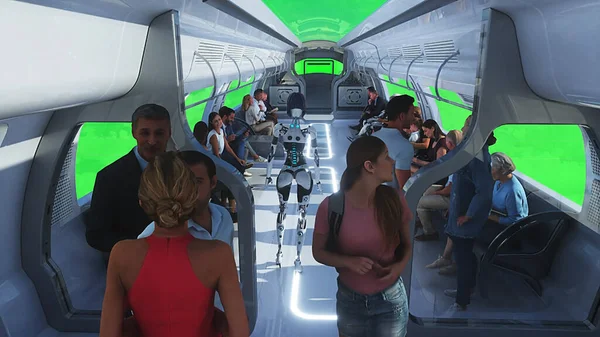 Persone Robot Treno Passeggeri Volante Utopia Concetto Del Futuro Schermo — Foto Stock