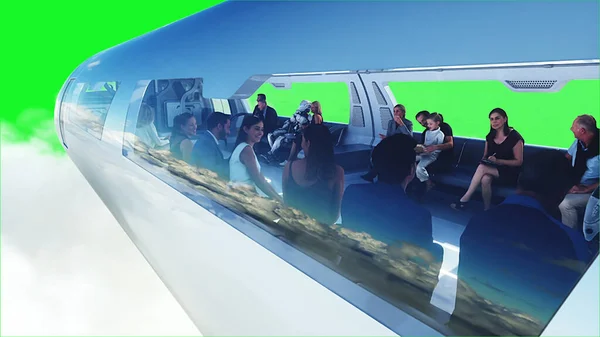 Pessoas Robôs Comboio Passageiros Voador Utopia Conceito Futuro Tela Verde — Fotografia de Stock