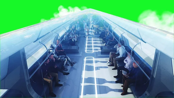 Personnes Robots Train Passagers Volant Utopie Concept Avenir Écran Vert — Photo