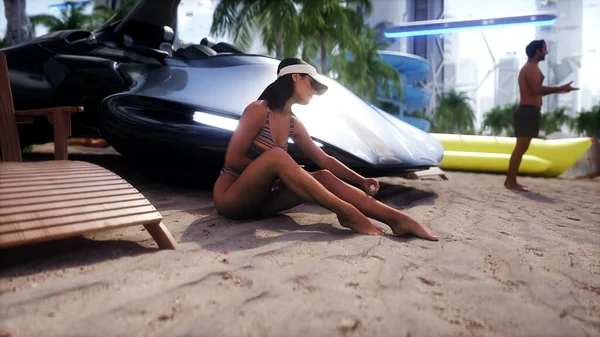 People Robots Futuristic Beach Будущее Концепции Рендеринг — стоковое фото