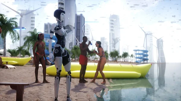 Pueblos Robots Playa Futurista Concepto Futuro Renderizado — Foto de Stock
