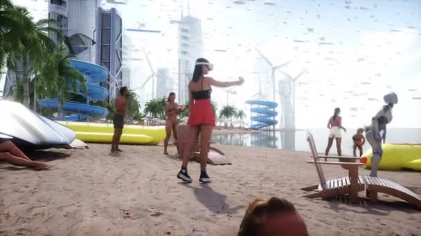 Ludzi Robotów Futurystycznej Plaży Koncepcja Przyszłości Realistyczna Animacja — Wideo stockowe