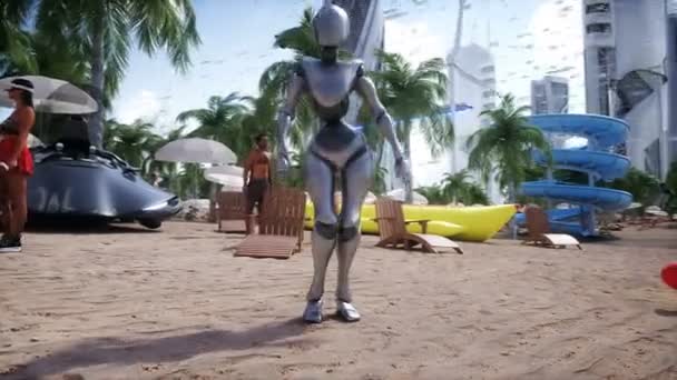 未来のビーチで3次元の人間とロボット 未来のコンセプト 現実的な4Kアニメーション — ストック動画