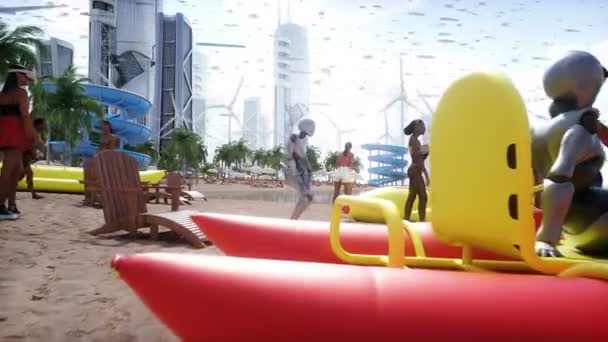 未来のビーチで3次元の人間とロボット 未来のコンセプト 現実的な4Kアニメーション — ストック動画