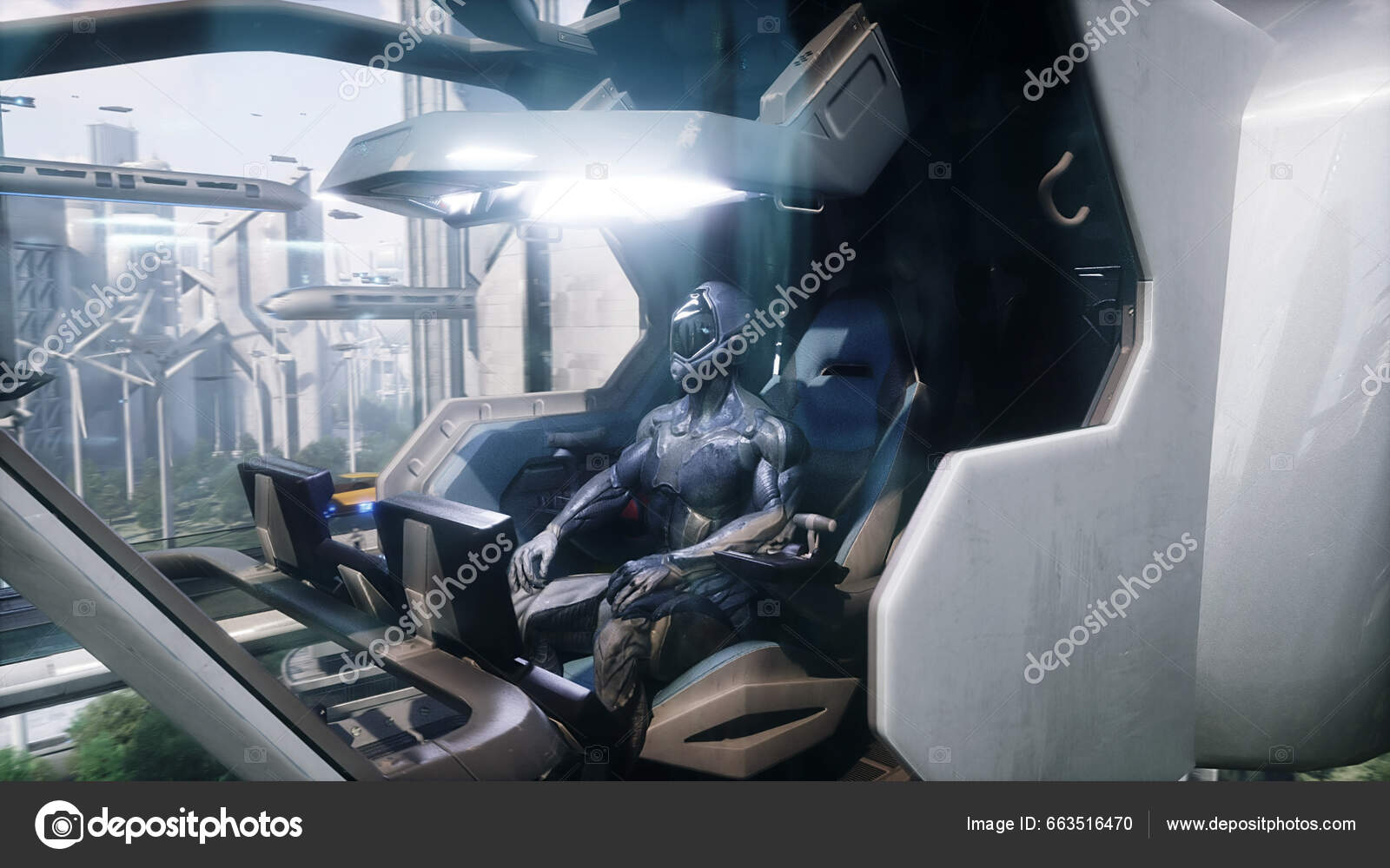 Robot Driver Futuristic Space Ship Future Concept Rendering Stock.