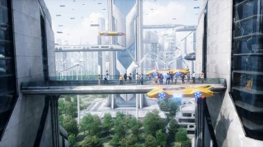Gelecekçi şehir. Üç boyutlu insanlar ve robotlar. Gelecek konsepti. 3d oluşturma