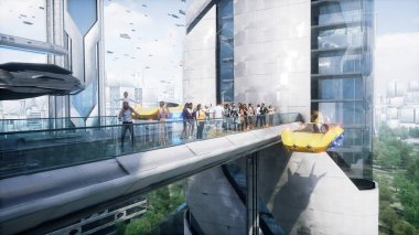 Gelecekçi şehir. Üç boyutlu insanlar ve robotlar. Gelecek konsepti. 3d oluşturma