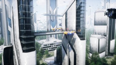 Gelecekçi şehir. Üç boyutlu insanlar ve robotlar. Gelecek konsepti. 3d oluşturma