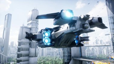 Fütürist şehirdeki bilim kurgu gemisi. Hava görüntüsü. 3d oluşturma