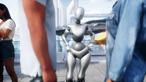 Ciudad Futurista Personas Robots Concepto Futuro Renderizado — Foto de Stock