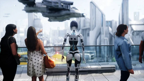未来都市 3次元人とロボット 未来のコンセプト 3Dレンダリング — ストック写真