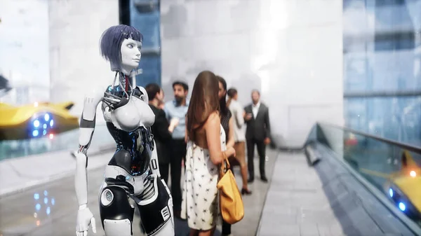 Ciudad Futurista Personas Robots Concepto Futuro Renderizado —  Fotos de Stock