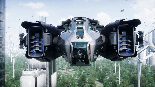 Научно-фантастический корабль в футуристическом городе. Вид с воздуха. 3d-рендеринг