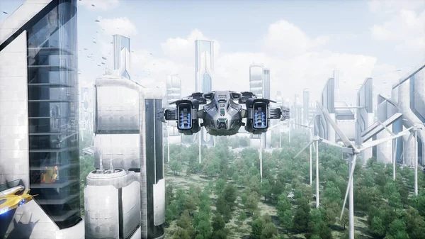 Ciencia Ficción Ciudad Futurista Vista Aérea Renderizado — Foto de Stock