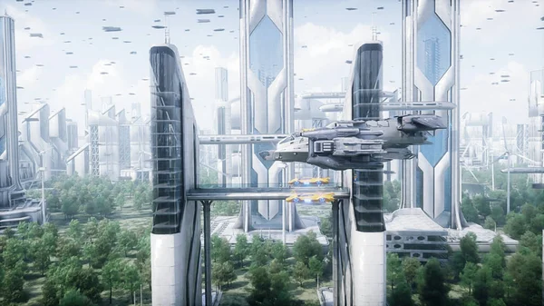 Sci Hajó Futurisztikus Városban Légi Felvétel Renderelés — Stock Fotó