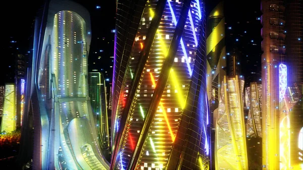Noite Futurista Cidade Arquitetura Ficção Científica Edifícios Conceito Futuro — Fotografia de Stock