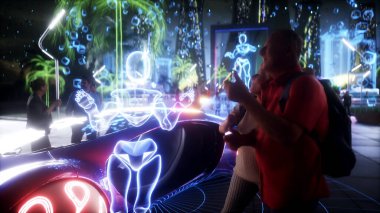 3D insanlı ve robotlu gelecekçi gece şehri. Gelecek konsepti. 3d görüntüleme
