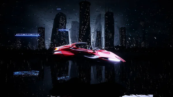 sci fi flying car with female robot in futuristic night city. 3d rendering