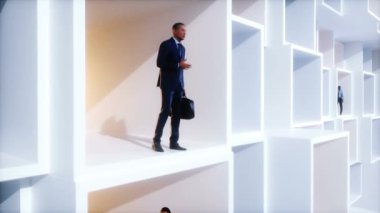 Kübik bir yapıda üç boyutlu iş adamları. İş ve finansal konsept. Gerçekçi 4k animasyonu