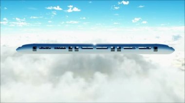 Bulutlarda uçan yolcu treni. Üç boyutlu insanlar ve robotlar. Ütopya. Gelecek konsepti. Havadan harika bir manzara. Gerçekçi 4k animasyonu