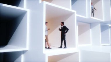 Kübik bir yapıda üç boyutlu iş adamları. İş ve finansal konsept. Gerçekçi 4k animasyonu