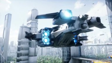 Fütürist şehirdeki bilim kurgu gemisi. Hava görüntüsü. Gerçekçi 4k animasyonu