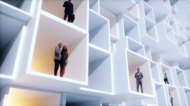 Kübik bir yapıda üç boyutlu iş adamları. İş ve finansal konsept. Gerçekçi 4k animasyonu