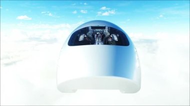 Üç boyutlu insanlar ve robotlar. Bulutlarda uçan yolcu treni. Ütopya. Gelecek konsepti. Havadan harika bir manzara. Gerçekçi 4k animasyonu