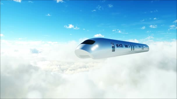 雲の中を飛行する旅客列車 人とロボット ユートピア 未来のコンセプト 空中ファンタスティックな眺め リアルな4Kアニメーション — ストック動画