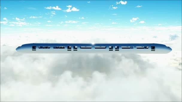 Flying Passenger Train Clouds Peoples Robots Utopia Concept Future Aerial — Stock Video