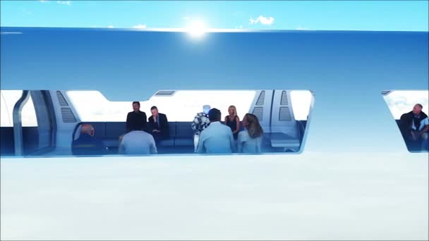 Людей Роботов Летающий Пассажирский Поезд Облаках Утопия Концепция Будущего Сказочный — стоковое видео