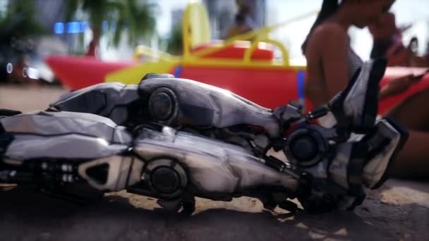 Pueblos Robots Playa Futurista Concepto Futuro Animación Realista — Vídeos de Stock