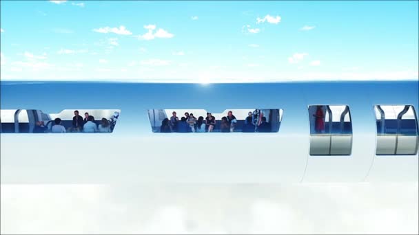 Mensen Robots Vliegende Passagierstrein Wolken Utopia Concept Van Toekomst Een — Stockvideo