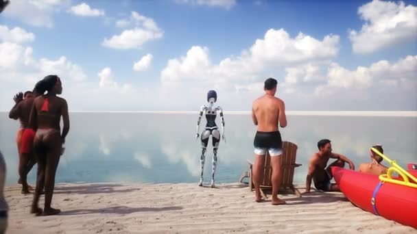 Popoare Roboți Plaja Futuristă Conceptul Viitor Animație Realistă — Videoclip de stoc