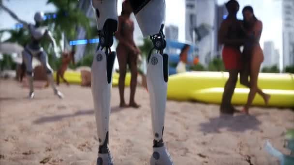 Людей Роботів Футуристичному Пляжі Концепція Майбутнього Реалістична Анімація — стокове відео