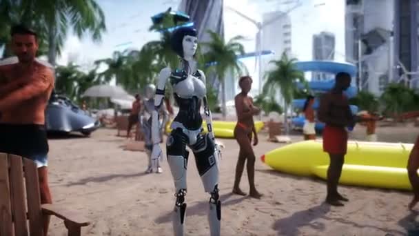 Λαοί Και Ρομπότ Φουτουριστική Παραλία Μελλοντική Ιδέα Ρεαλιστικό Animation — Αρχείο Βίντεο