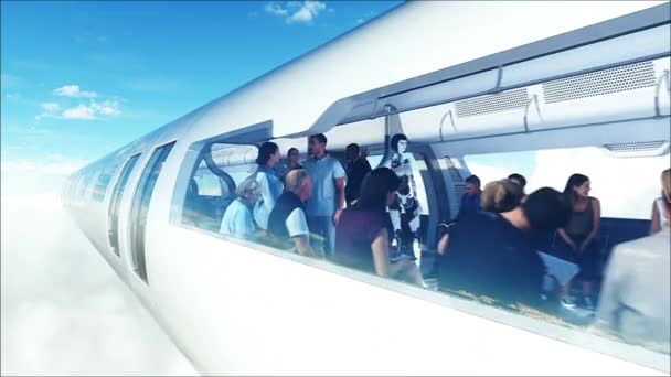 People Robots Flying Passenger Train Clouds Utopia Concept Future Aerial — Stock Video
