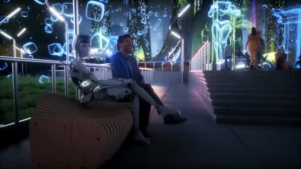 Futuristische Nachtstad Met Volkeren Robots Toekomstconcept Realistische Animatie — Stockvideo