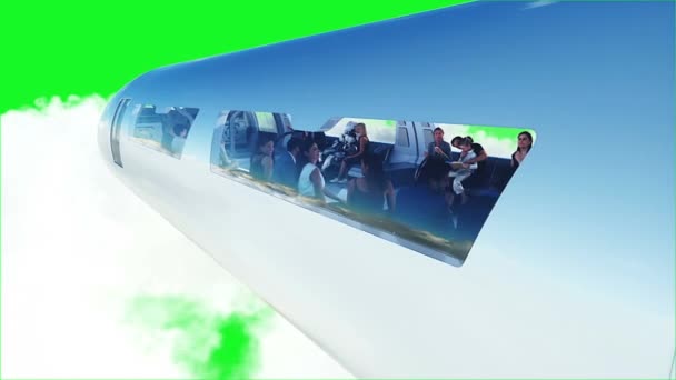 Mensen Robots Vliegende Passagierstrein Utopia Concept Van Toekomst Groen Scherm — Stockvideo