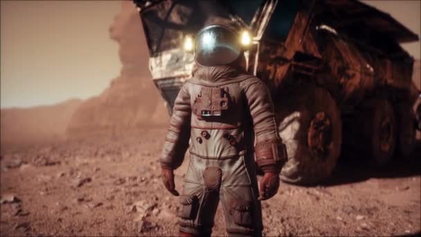 Marciano Astronautas Planeta Marte Transporte Rover Animação Realista — Vídeo de Stock