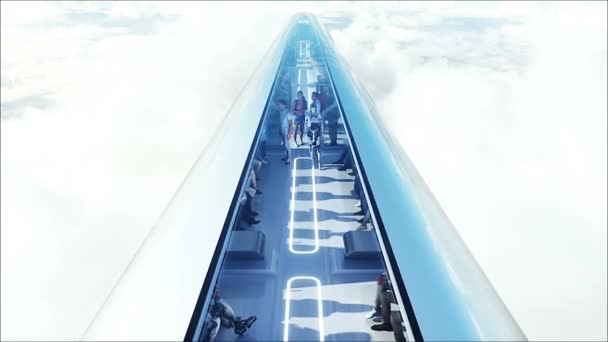 Personas Robots Tren Pasajeros Volando Las Nubes Utopía Concepto Del — Vídeos de Stock