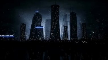 Gece varisi şehir ve uçuş trafiği. Gerçekçi 4k animasyonu