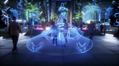 3D insanlı ve robotlu gelecekçi gece şehri. Gelecek konsepti. Gerçekçi 4k animasyonu