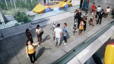 Gelecekçi şehir. Üç boyutlu insanlar ve robotlar. Gelecek konsepti. Gerçekçi 4k animasyonu