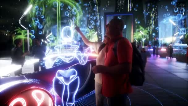 Futuristische Nachtstad Met Volkeren Robots Toekomstconcept Realistische Animatie — Stockvideo