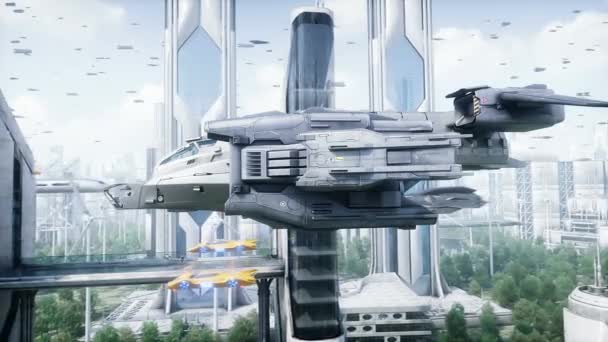 Sci Ship Futuristic City Aerial View Realistic Animation — Stock Video