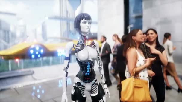 Futurisztikus Város Emberek Robotok Jövőbeli Koncepció Realisztikus Animáció — Stock videók