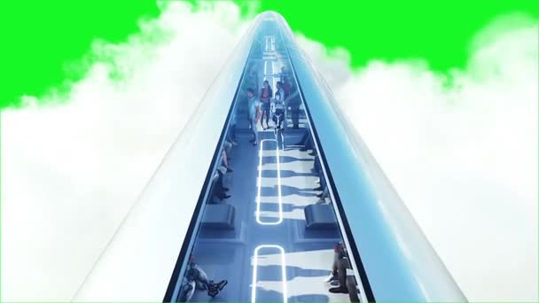 Människor Och Robotar Flygande Passagerartåg Utopi Koncept För Framtiden Grön — Stockvideo